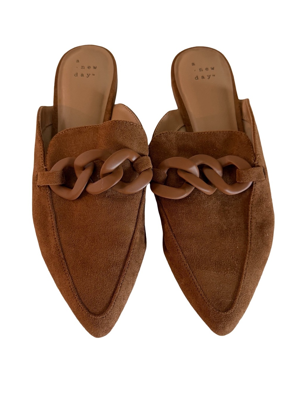 a new day Chestnut Suede Pointed Mule with Chain Trim
